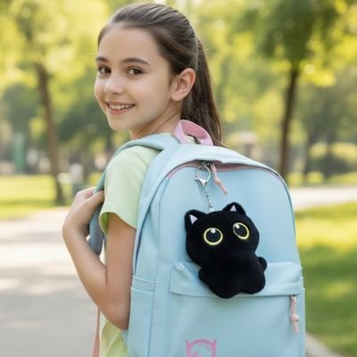 Peluche chat noir cartable