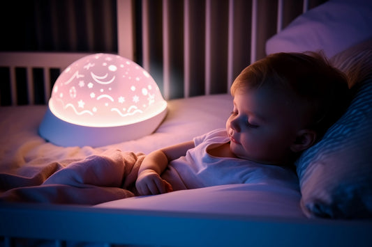 Veilleuse bébé à lumière rouge douce posée près du lit